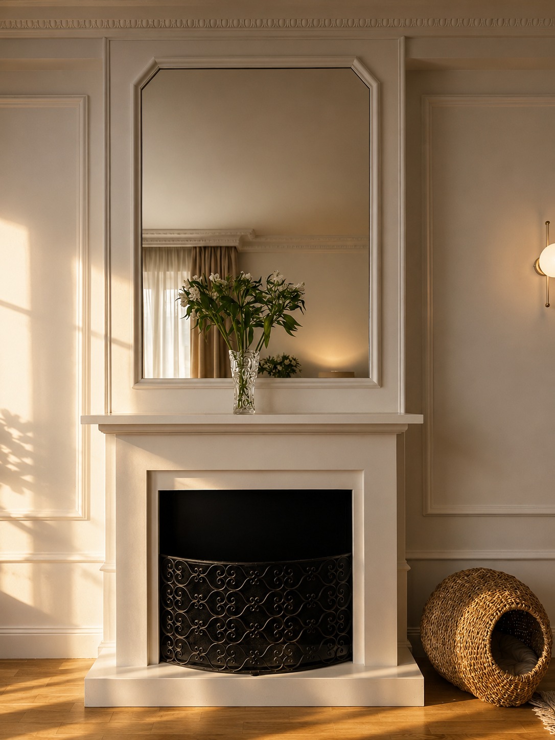 Chimenea, espejo y luz de tarde