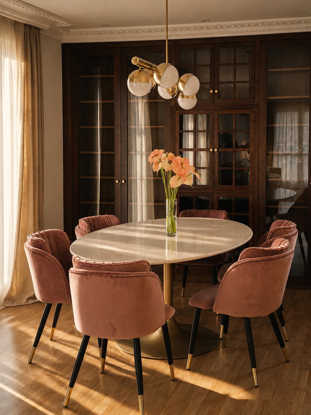Comedor con sillas rosas